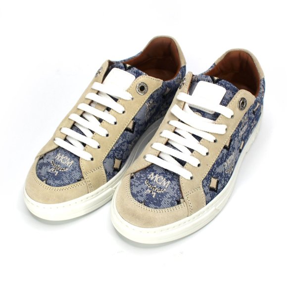 𝐌𝐂𝐌 𝐍𝐞𝐰 𝐢𝐧 𝐁𝐨𝐱 Jacquard Monogram Low Blue Denim Suede Sneakers - Picture 3 of 9